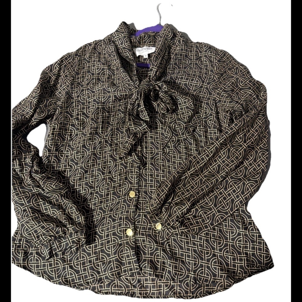Elizabeth McKay 100% silk Geo print popover blouse, Black And Tan * Size 12* O-8